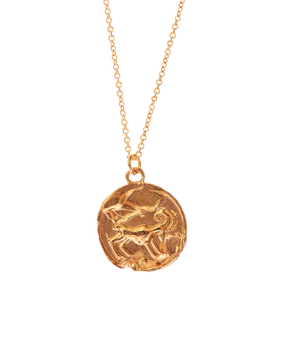 Model wearing Alighieri Gold Aries Zodiac Necklace Medallion