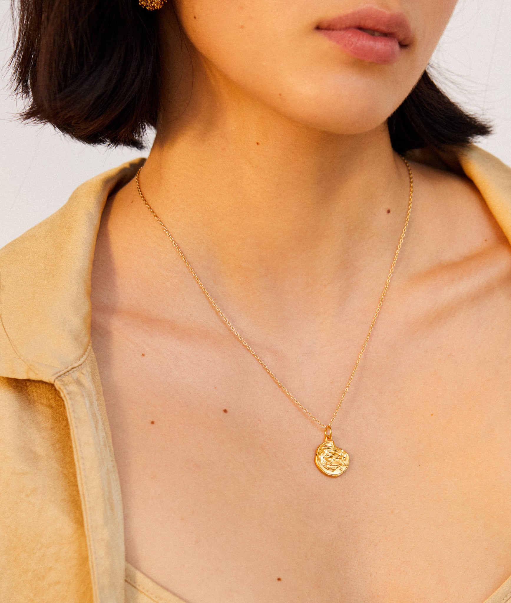 Female model wearing Alighieri Gold Plated Pisces Zodiac Necklace  Medallion