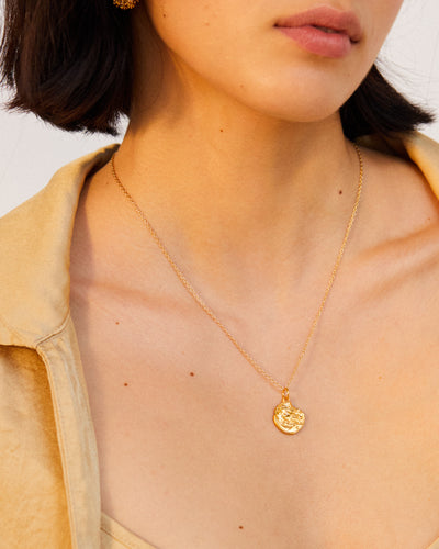 Female model wearing Alighieri Gold Plated Pisces Zodiac Necklace  Medallion