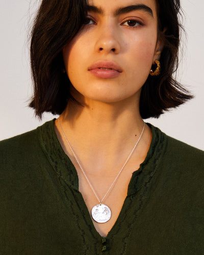 Model wearing Alighieri Silver Snow Lion Leone Medallion Necklace Venetian Coin