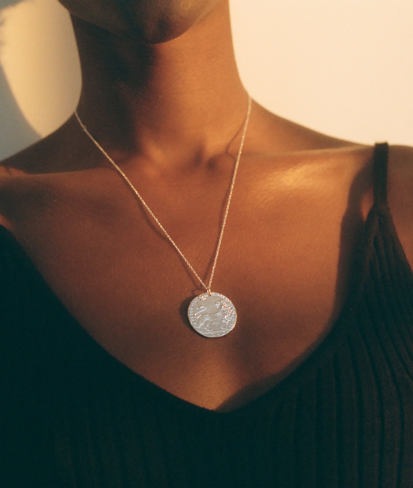 Model wearing Alighieri Silver Snow Lion Leone Medallion Necklace Venetian Coin