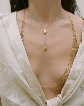 Model Wearing Alighieri Lunar Rocks Gold Pendant Lariat Necklace