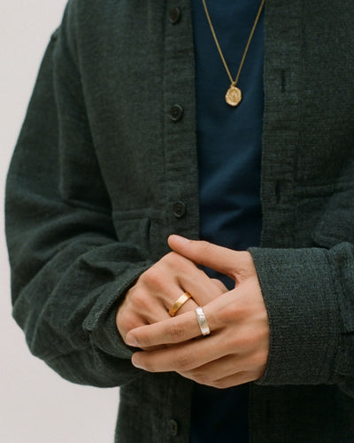 model wearing Alighieri men's jewellery Sterling Silver Molten Texture Ring
