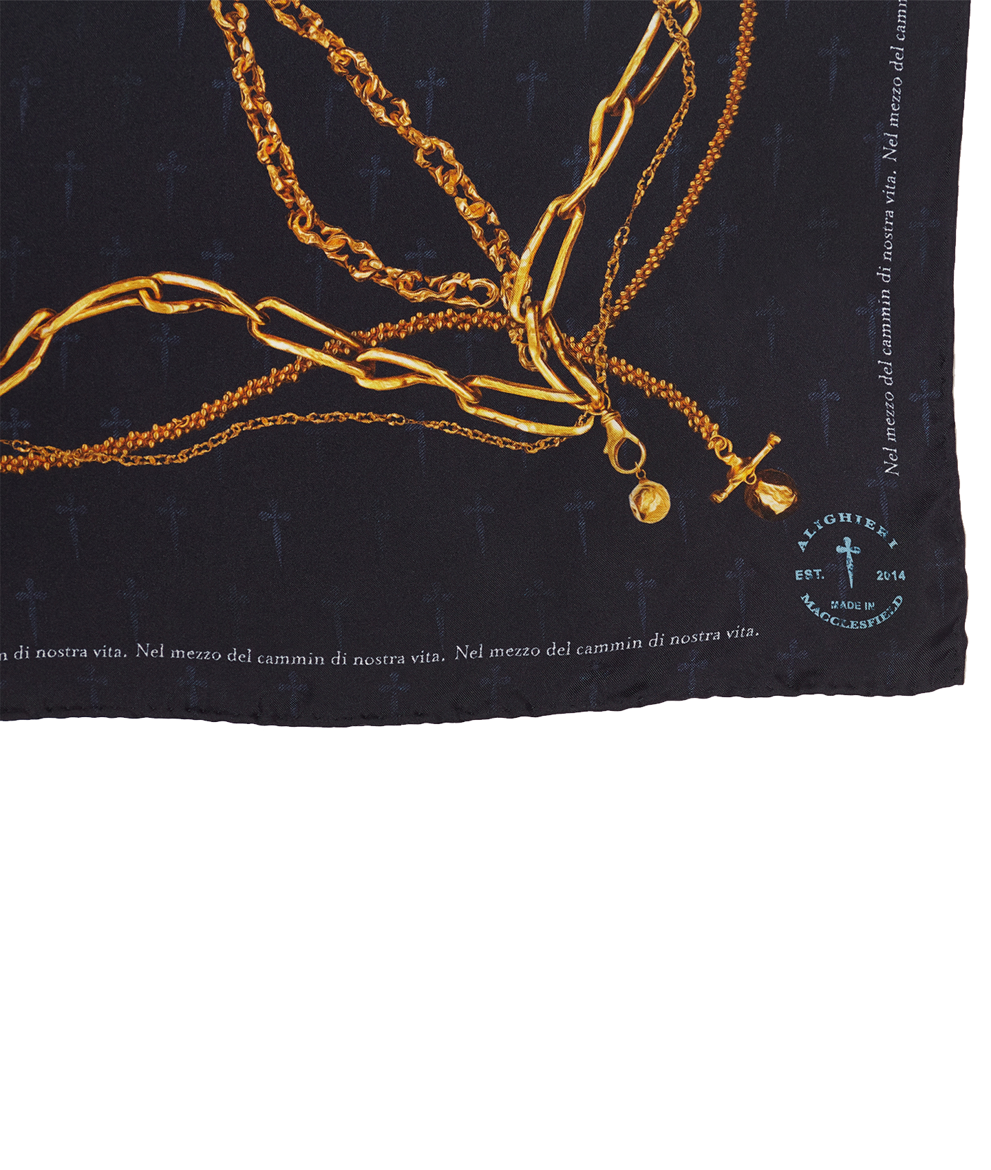 Alighieri Navy Silk Scarf Gold Necklace Motif Close up